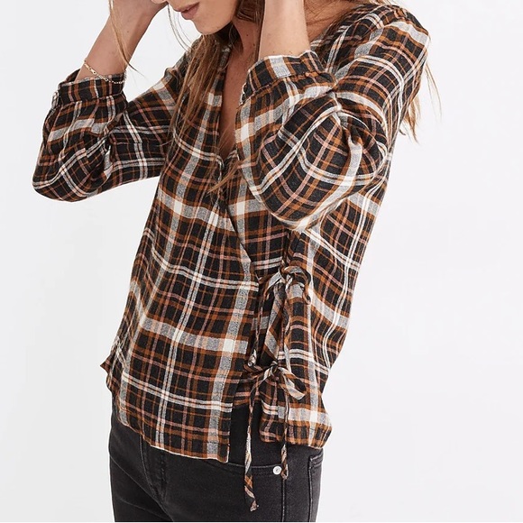 Madewell Plaid Gauze Double-Tie Wrap Top. NWT. Size large - Picture 2 of 16